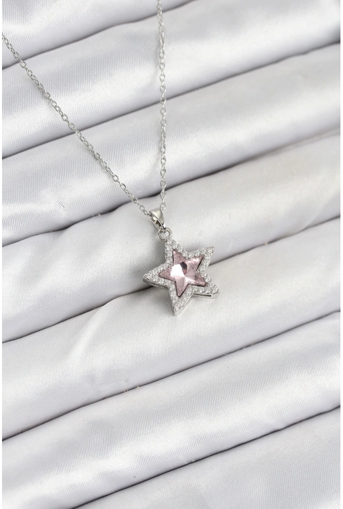 Shoecide 316l Çelik Zincir Gümüş Renk Pembe Taşlı Yıldız Model Kadın Kolye