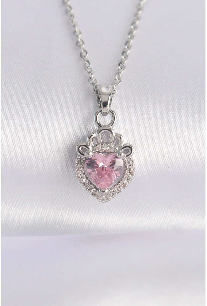 Shoecide 316l Çelik Zincir Gümüş Renk Pembe Zirkon Taşlı Rapunzel Kolye