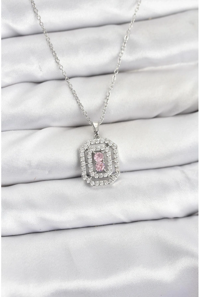 Shoecide 316l Çelik Zincir Gümüş Renk Plaka Model Zirkon Taşlı Kadın Kolye