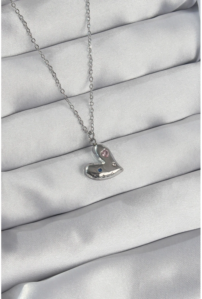 Shoecide 316l Çelik Zincir Gümüş Renk Renkli Zirkon Taşlı Kalp Kolye