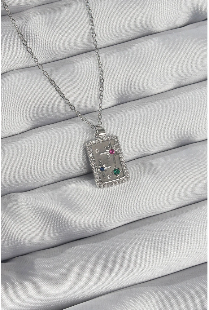 Shoecide 316l Çelik Zincir Gümüş Renk Renkli Zirkon Taşlı Vintage Kolye