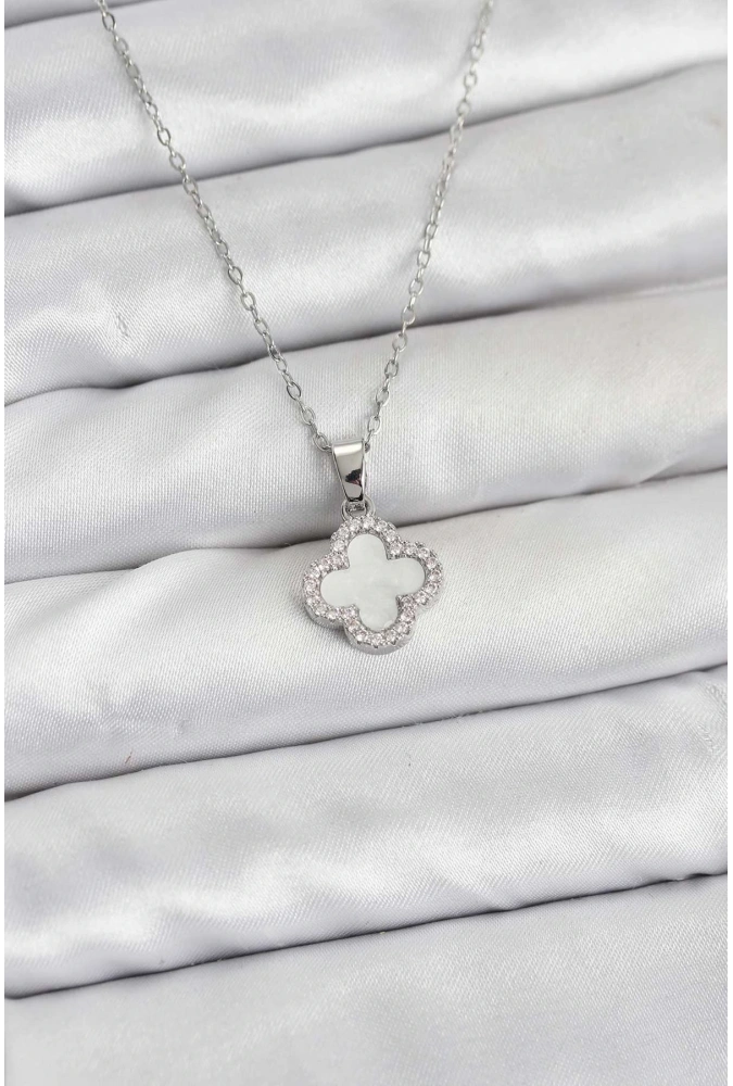 Shoecide 316l Çelik Zincir Gümüş Renk Sedefli Yonca Kadın Kolye