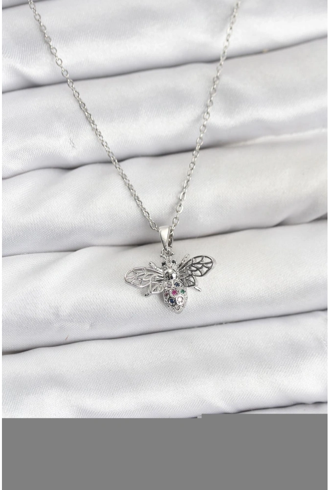 Shoecide 316l Çelik Zincir Gümüş Renk Sinek Model Zirkon Taşlı Kadın Kolye