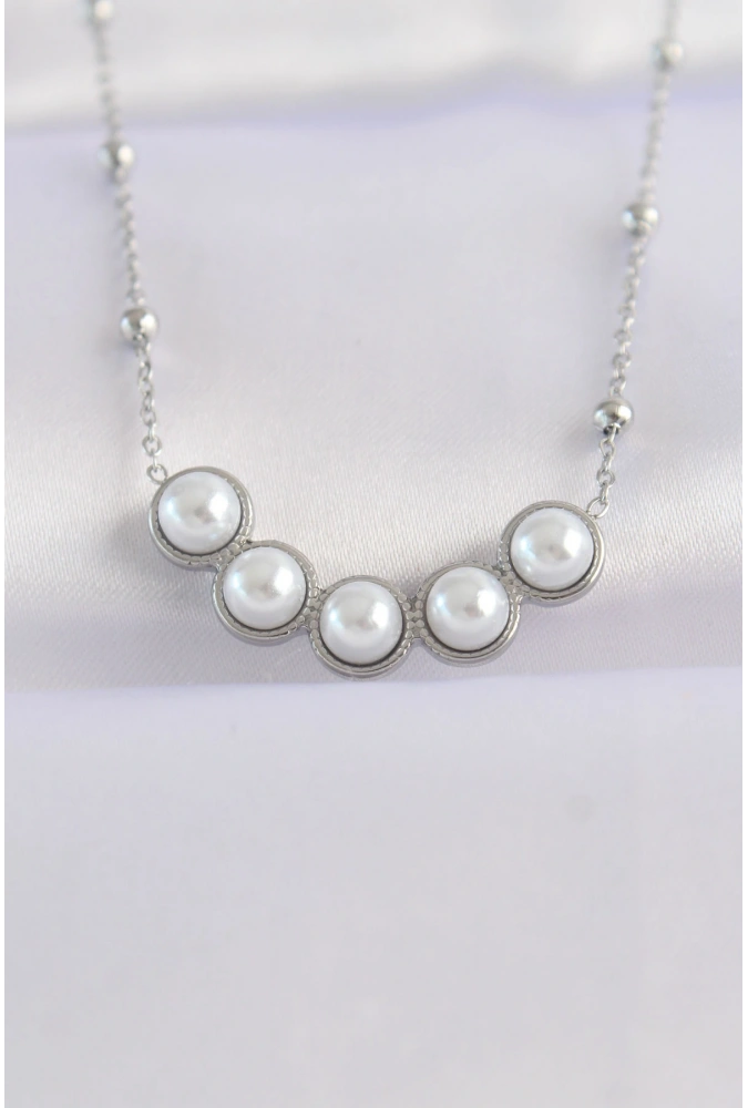 Shoecide 316l Çelik Zincir Gümüş Renk Sıralı İnci Taşlı Kolye