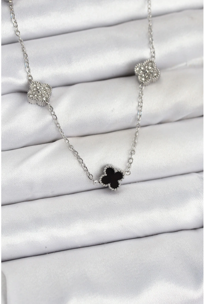 Shoecide 316l Çelik Zincir Gümüş Renk Siyah Ve Zirkon Taşlı Baby Boy Yonca Kadın Kolye
