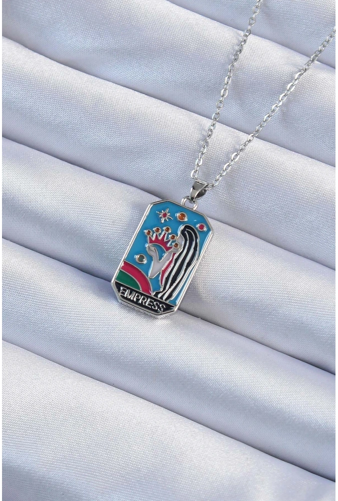 Shoecide 316l Çelik Zincir Gümüş Renk Taç Ve Kız Figürlü Renkli Mineli Tarot Kolye