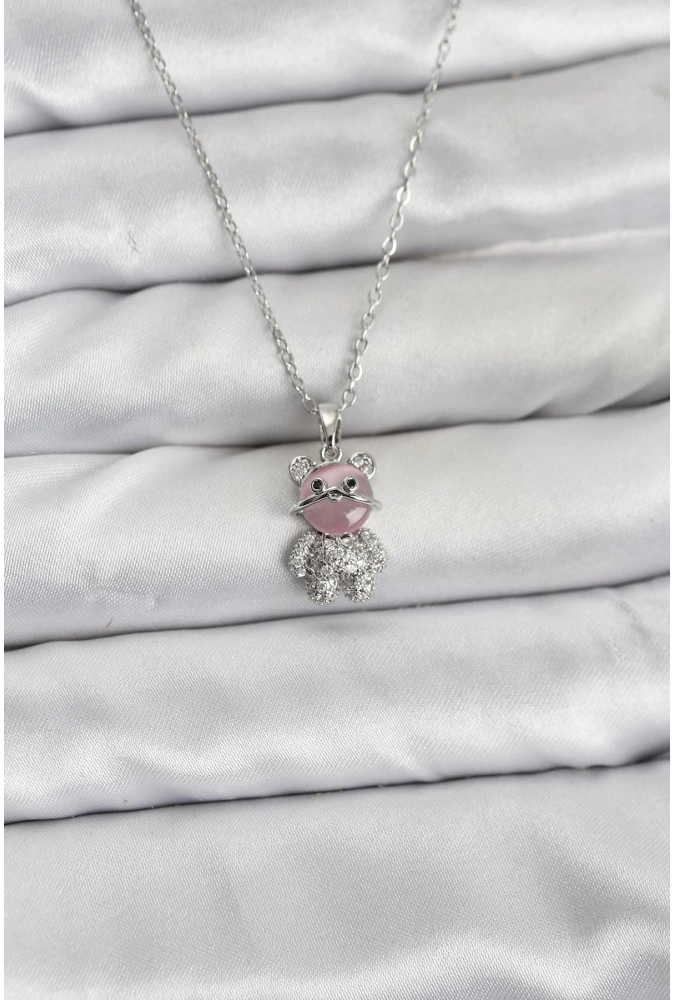 Shoecide 316l Çelik Zincir Gümüş Renk Teddy Bear Model Zirkon Taşlı Kadın Kolye