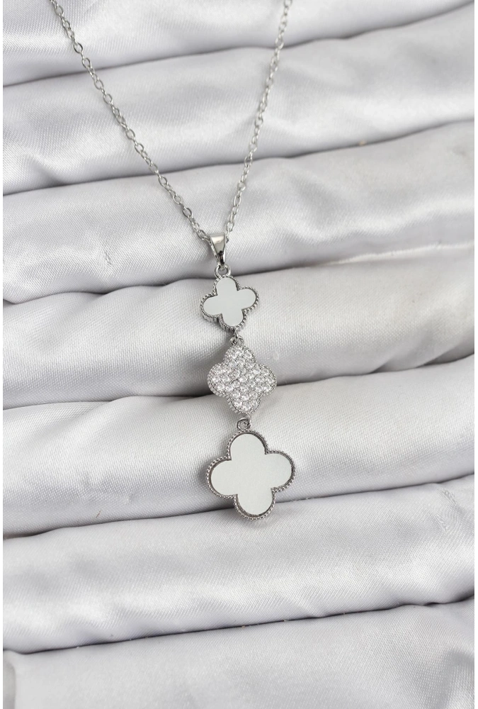 Shoecide 316l Çelik Zincir Gümüş Renk Yonca Detaylı Zirkon Taşlı Kadın Kolye