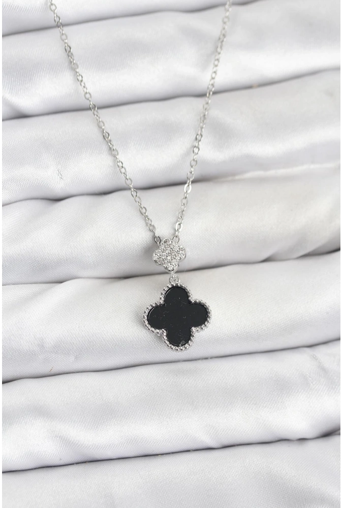 Shoecide 316l Çelik Zincir Gümüş Renk Yonca Model Zirkon Taşlı Kadın Kolye