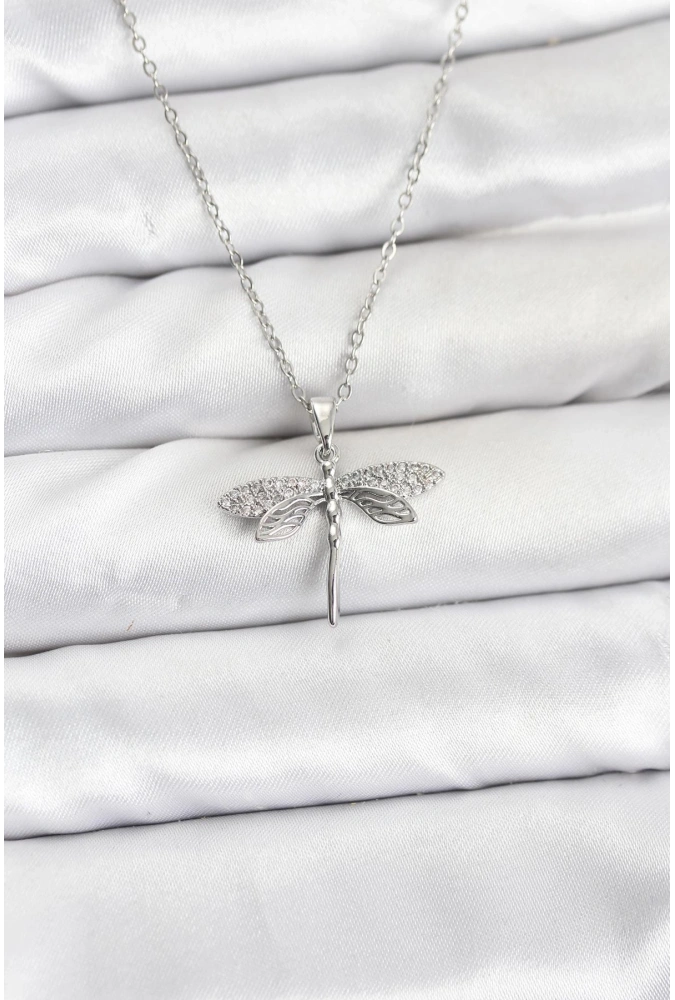 Shoecide 316l Çelik Zincir Gümüş Renk Yusufçuk Model Zirkon Taşlı Kadın Kolye