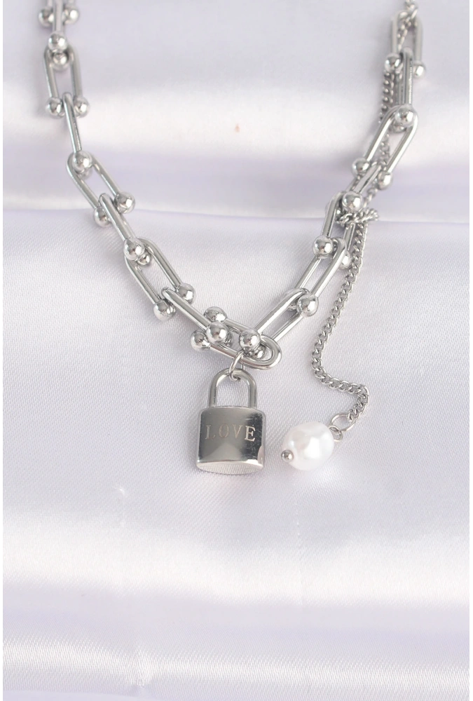 Shoecide 316l Çelik Zincir Gümüş Renk Zincirli Love Yazılı Kilit Kolye