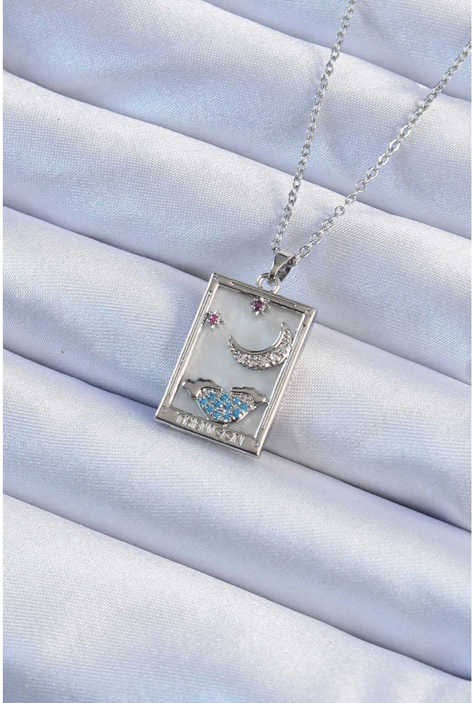 Shoecide 316l Çelik Zincir Gümüş Renk Zirkon Taşlı Ay Figürlü Tarot Kolye