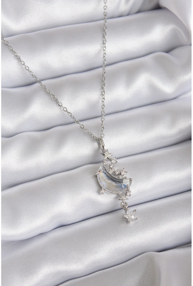 Shoecide 316l Çelik Zincir Gümüş Renk Zirkon Taşlı Ay Model Sallantı Yıldız Detay Kadın Kolye