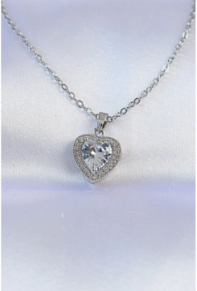 Shoecide 316l Çelik Zincir Gümüş Renk Zirkon Taşlı Charm Kalp Kolye