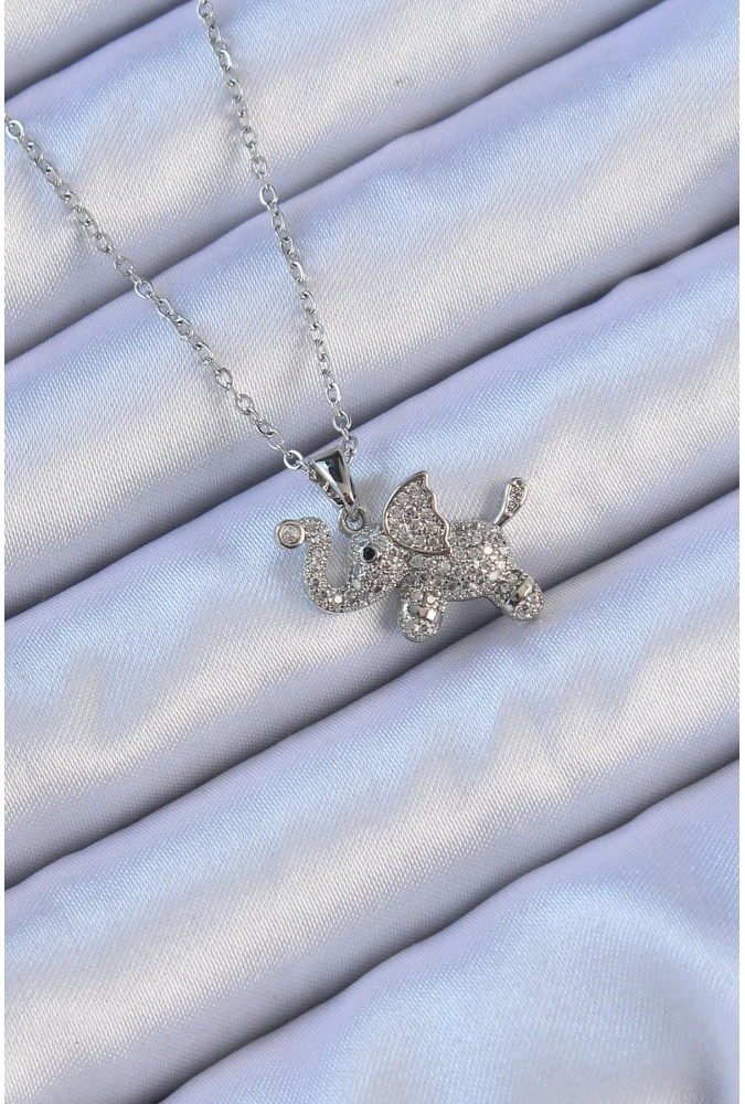 Shoecide 316l Çelik Zincir Gümüş Renk Zirkon Taşlı Fil Kolye