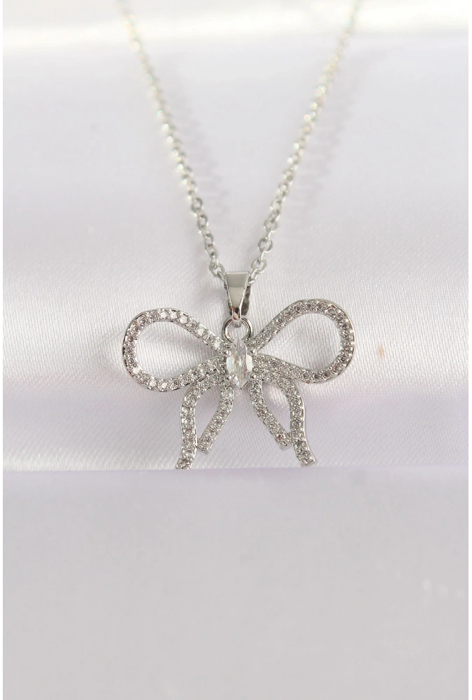 Shoecide 316l Çelik Zincir Gümüş Renk Zirkon Taşlı Fiyonk Kolye