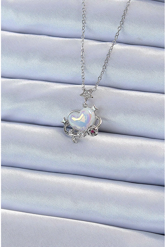 Shoecide 316l Çelik Zincir Gümüş Renk Zirkon Taşlı Gezegen Görünümlü Kalp Kolye