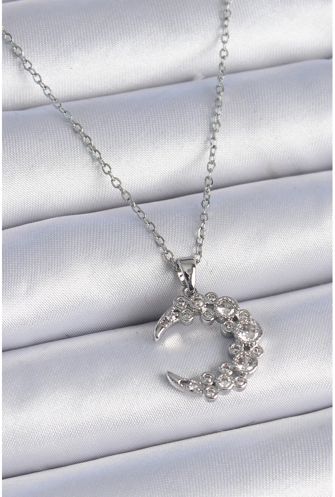 Shoecide 316l Çelik Zincir Gümüş Renk Zirkon Taşlı Hilal Model Kadın Kolye