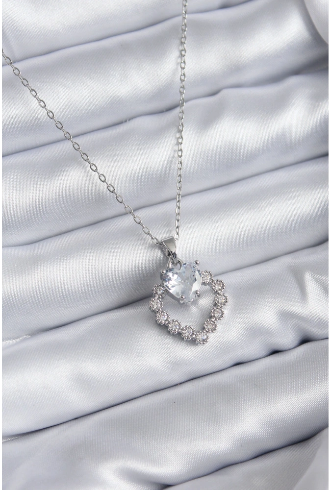 Shoecide 316l Çelik Zincir Gümüş Renk Zirkon Taşlı Kalp Model Kadın Kolye
