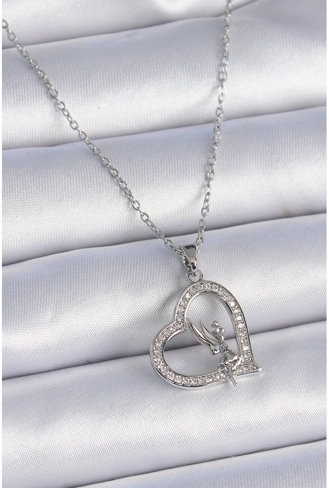 Shoecide 316l Çelik Zincir Gümüş Renk Zirkon Taşlı Kalp Model Melek Detay Kadın Kolye