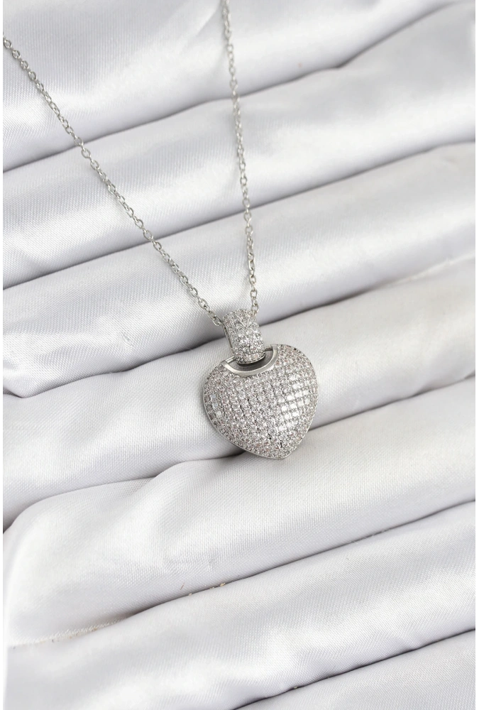 Shoecide 316l Çelik Zincir Gümüş Renk Zirkon Taşlı Kalpli Kadın Kolye