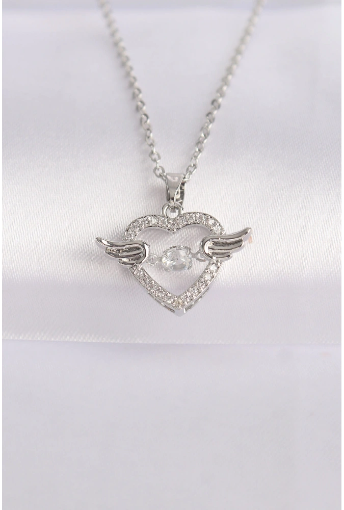 Shoecide 316l Çelik Zincir Gümüş Renk Zirkon Taşlı Kanatlı Kalp Kolye