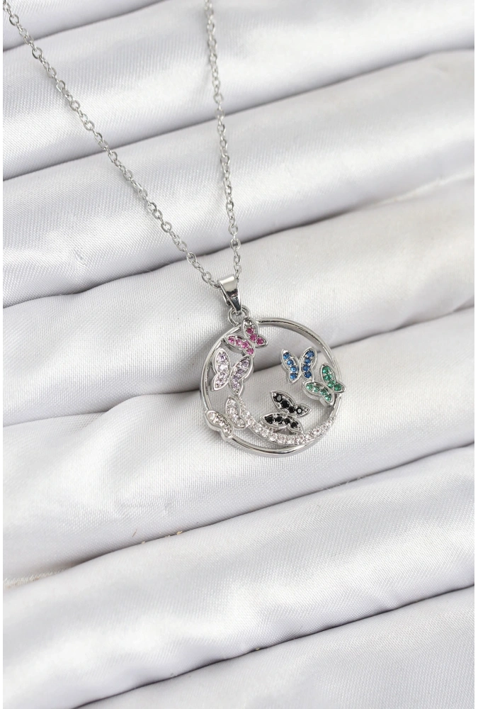 Shoecide 316l Çelik Zincir Gümüş Renk Zirkon Taşlı Kelebekli Kadın Kolye