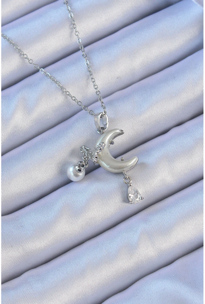 Shoecide 316l Çelik Zincir Gümüş Renk Zirkon Taşlı Kelebekli Mineli Ay Kolye