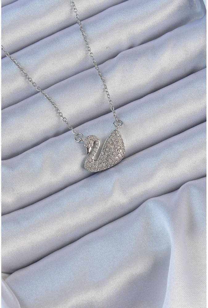 Shoecide 316l Çelik Zincir Gümüş Renk Zirkon Taşlı Kuğu Kolye