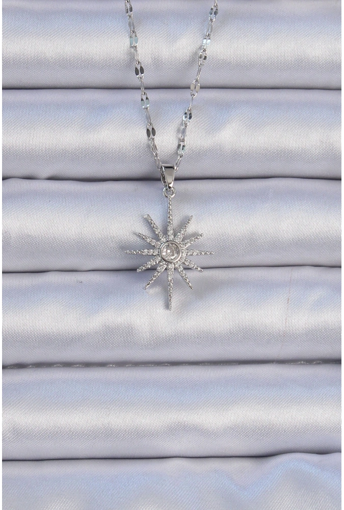 Shoecide 316l Çelik Zincir Gümüş Renk Zirkon Taşlı Kutup Yıldızı Kolye