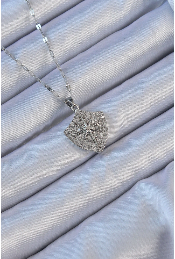 Shoecide 316l Çelik Zincir Gümüş Renk Zirkon Taşlı Kutup Yıldızı Kolye