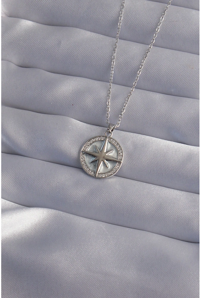 Shoecide 316l Çelik Zincir Gümüş Renk Zirkon Taşlı Kutup Yıldızı Kolye