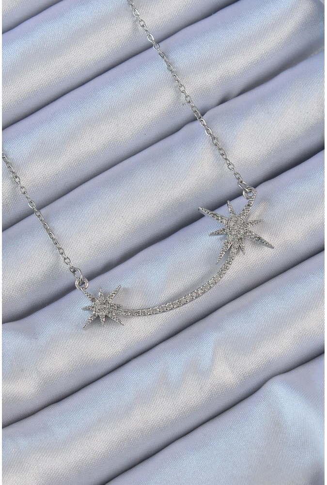 Shoecide 316l Çelik Zincir Gümüş Renk Zirkon Taşlı Kutup Yıldızı Kolye
