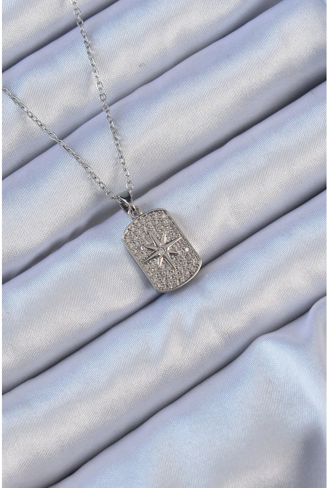 Shoecide 316l Çelik Zincir Gümüş Renk Zirkon Taşlı Kutup Yıldızlı Vintage Kolye