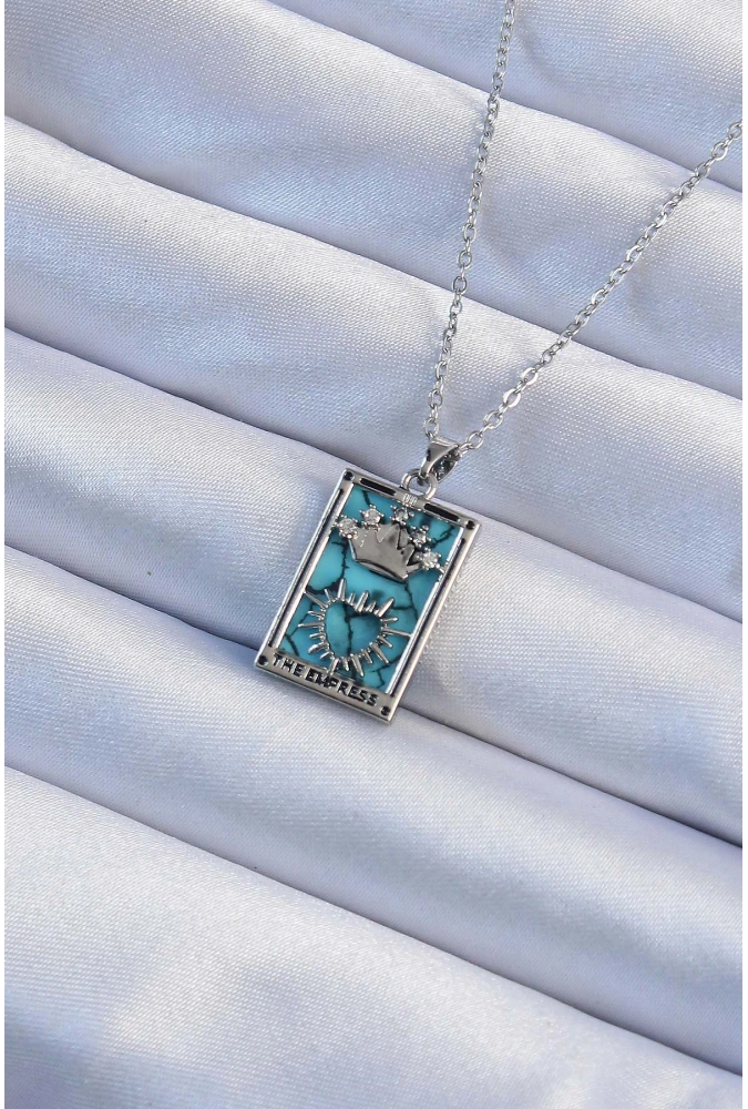 Shoecide 316l Çelik Zincir Gümüş Renk Zirkon Taşlı Mavi Mermer Desenli Taç Model Tarot Kolye