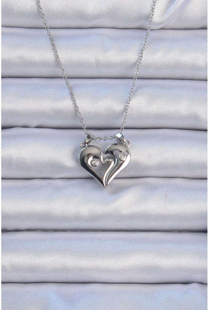 Shoecide 316l Çelik Zincir Gümüş Renk Zirkon Taşlı Mıknatıslı Kalp Kolye