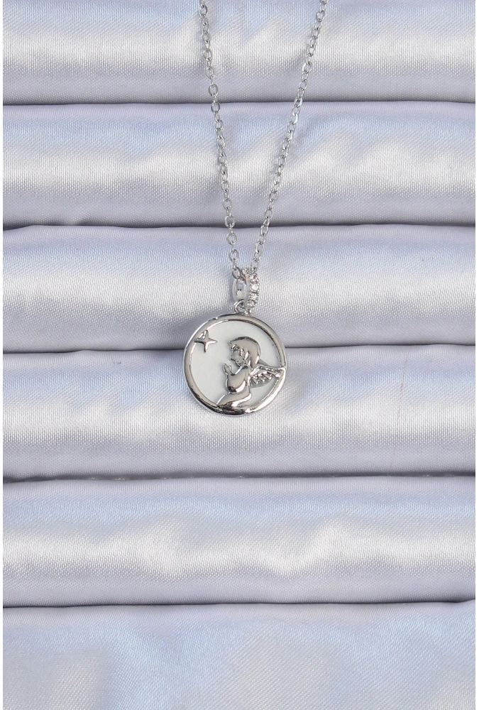 Shoecide 316l Çelik Zincir Gümüş Renk Zirkon Taşlı Mineli Melek Kolye