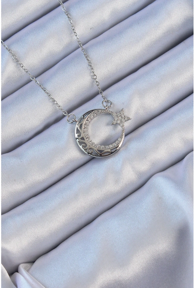 Shoecide 316l Çelik Zincir Gümüş Renk Zirkon Taşlı Motifli Ay Yıldız Kolye