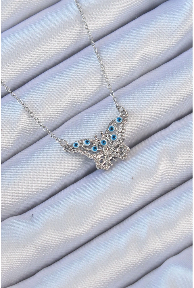 Shoecide 316l Çelik Zincir Gümüş Renk Zirkon Taşlı Nazarlı Kelebek Kolye