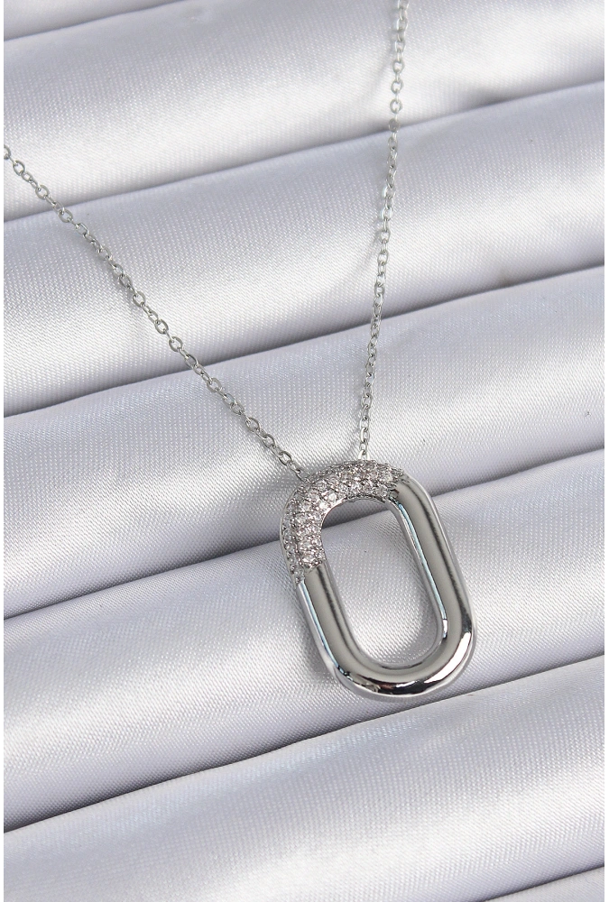 Shoecide 316l Çelik Zincir Gümüş Renk Zirkon Taşlı Oval Halka Model Kadın Kolye