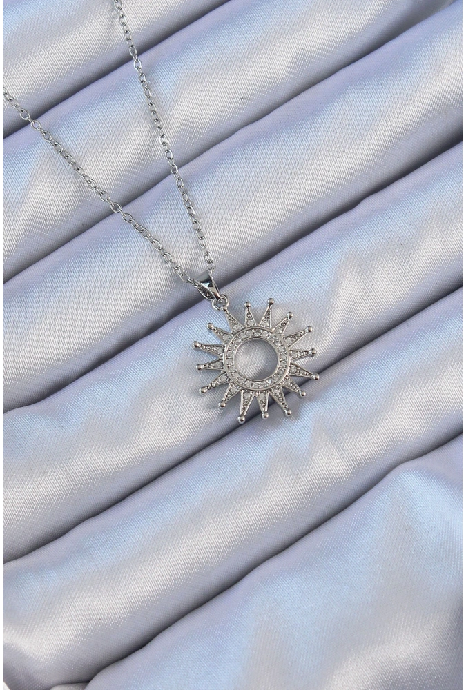 Shoecide 316l Çelik Zincir Gümüş Renk Zirkon Taşlı Parlayan Güneş Kolye