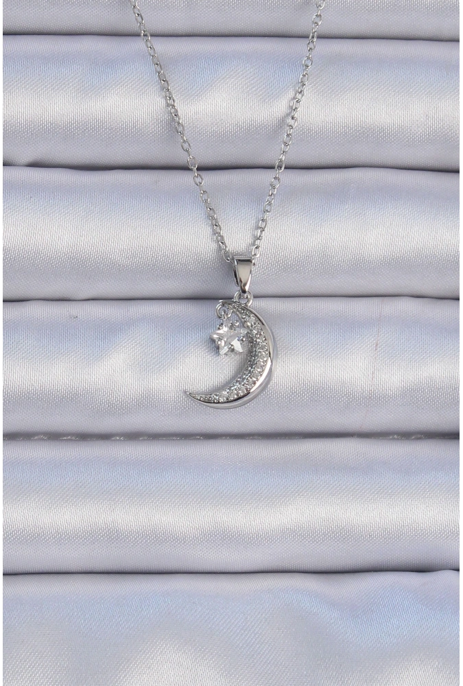 Shoecide 316l Çelik Zincir Gümüş Renk Zirkon Taşlı Sallantılı Ay Yıldız Kolye