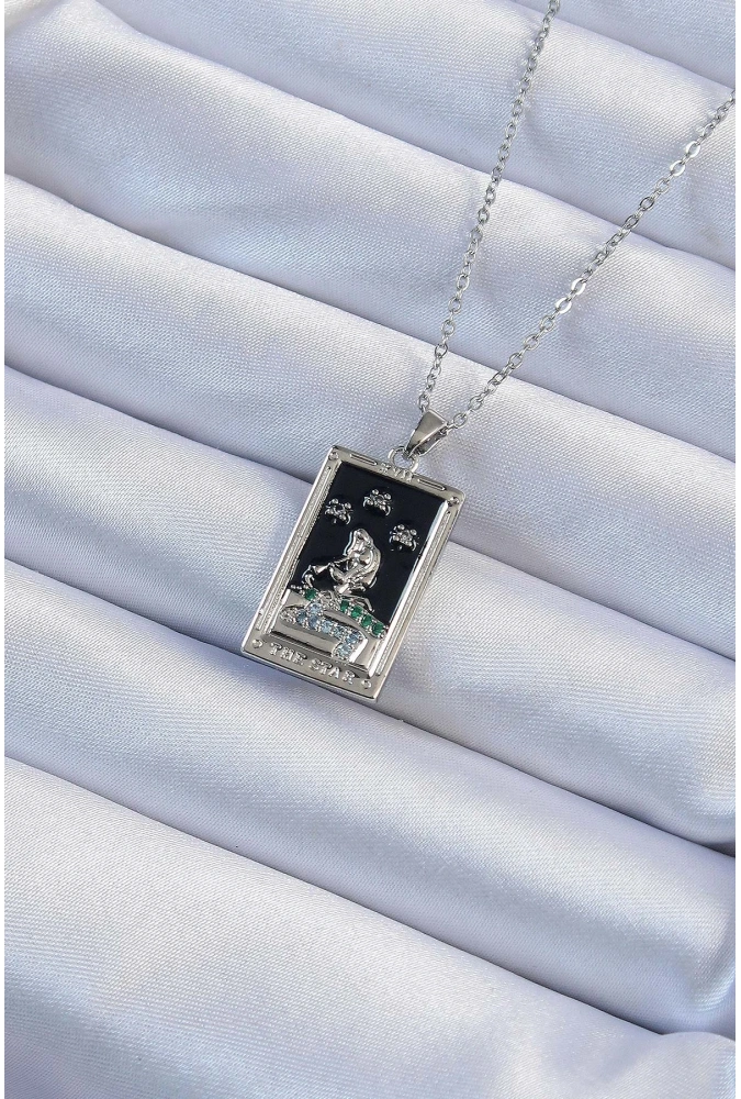 Shoecide 316l Çelik Zincir Gümüş Renk Zirkon Taşlı Siyah Mineli Kız Figürlü Tarot Kolye