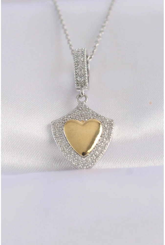 Shoecide 316l Çelik Zincir Gümüş Renk Zirkon Taşlı Tasarım Altın Renk Kalp Kolye