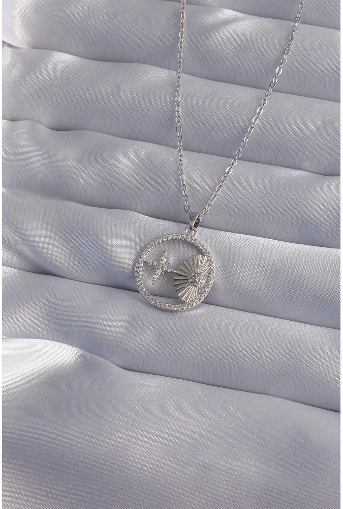 Shoecide 316l Çelik Zincir Gümüş Renk Zirkon Taşlı Yıldız Figürlü Oval Kolye