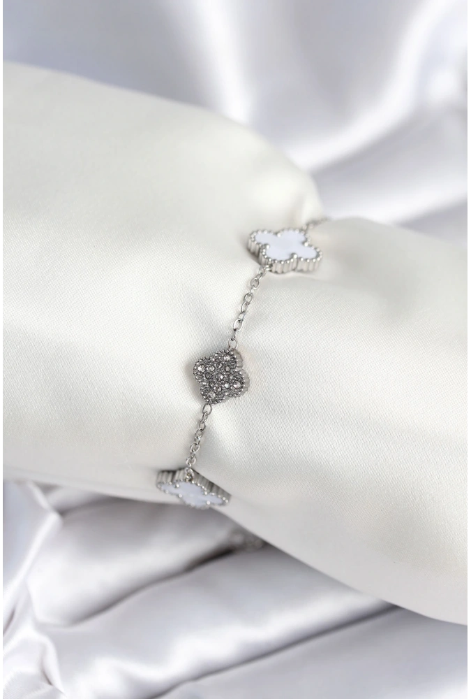 Shoecide 316l Çelik Zincir Gümüş Renk Zirkon Taşlı Yonca Beyaz Kadın Bileklik