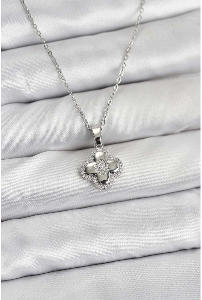 Shoecide 316l Çelik Zincir Gümüş Renk Zirkon Taşlı Yonca Model Kadın Kolye