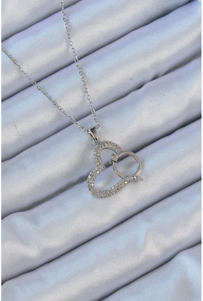 Shoecide 316l Çelik Zincir Gümüş Renk Zirkon Taşlı Yüzüklü Kalp Kolye