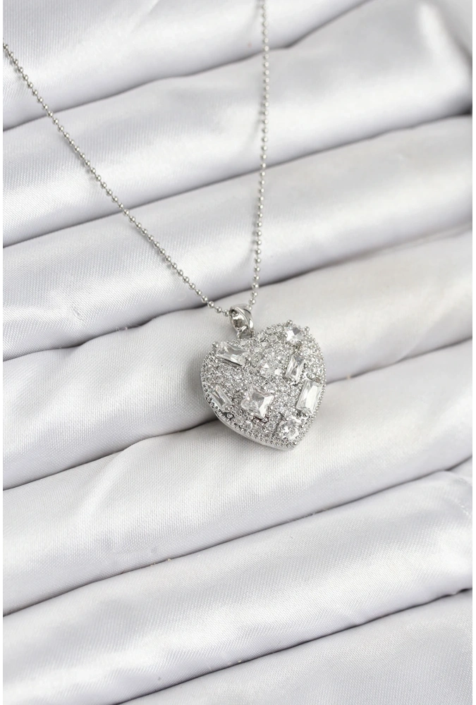 Shoecide 316l Çelik Zincir Gümüş Zirkon Taşlı Kalpli Kadın Kolye