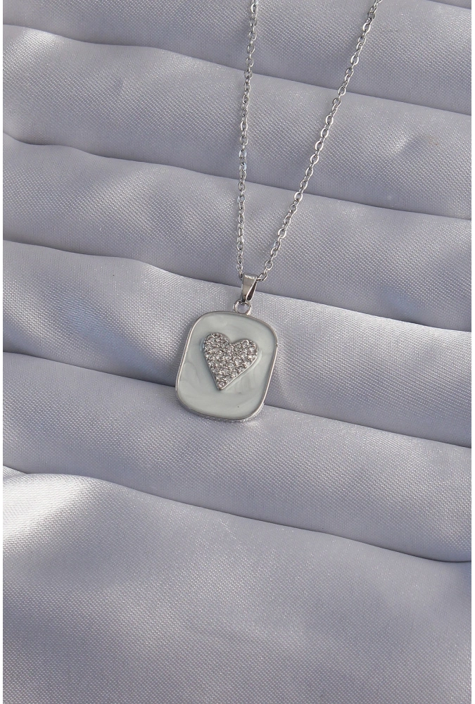 Shoecide 316l Çelik Zincir Mermer Desenli Gümüş Renk Zirkon Taşlı Kalp Model Kolye